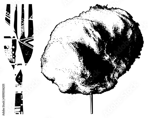 Sugar sweetened spun candy on stick, whimsical dessert, carnival treat, halftone graphic, stylized sugar cloud, retro sweet, confectionery delight.