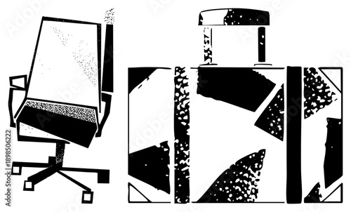 Geometric office chair and desk rendered in halftone texture, minimalist vector art, modern workspace elements, stylized furniture, graphic design composition.