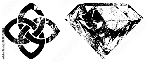 Interlocking Celtic knot symbol and faceted diamond, both rendered in black and white with distressed texture, vector graphic, isolated design elements.