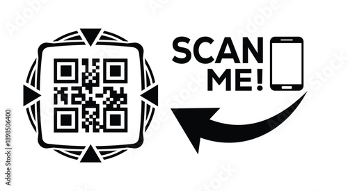 Black and white QR code with bold "SCAN ME" text, smartphone icon, and curved arrow—ideal for mobile interaction, digital marketing, and tech-themed promotional materials.