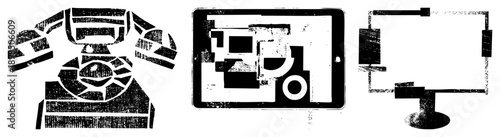 Retro rotary telephone, digital tablet displaying geometric shapes, desktop monitor, minimalist tech, stylized communication devices, vector art.