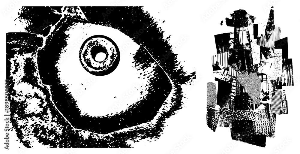 Obraz premium Stylized eye with textured halftone iris, abstract geometric collage, graphic art, black and white vector, bold shapes, artistic composition, isolated design elements.