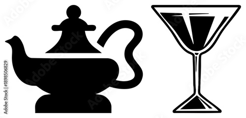 Enchanted genie lamp silhouette and martini glass, set, flat vector design, isolated graphic elements, magical theme, bar decor, Arabian Nights motif.