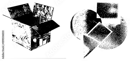 Graphic illustration of an open box displaying comic panels, halftone textures, and abstract shapes, vector art, isolated elements, comic book style, graphic design asset.