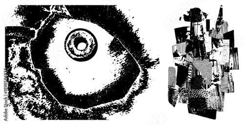 Stylized eye with textured halftone iris, abstract geometric collage, graphic art, black and white vector, bold shapes, artistic composition, isolated design elements.