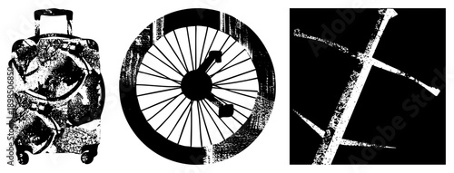 Retro suitcase with textured, classic bicycle wheel spokes, abstract tree branches, halftone style, graphic design elements.