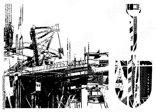 Steel bridge framework being assembled, construction site machinery, heavy equipment, civil engineering project, black and white halftone vector illustration.