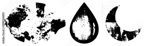 Black and white textured shapes splatter, teardrop, moon, distressed vector art, graphic design elements, isolated, halftone style.