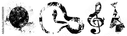 Vintage music including treble clef, snake, circle, and geometric tie, rendered in gritty halftone style with worn textures and bold black.