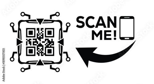 Black and white QR code with bold "SCAN ME" text, smartphone icon, and curved arrow—ideal for mobile interaction, digital marketing, and tech-themed promotional materials.