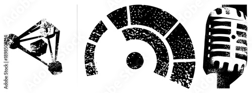 Retro microphone, wireless, 3D printer symbol, distressed black and white vector graphics, tech and creative tools.