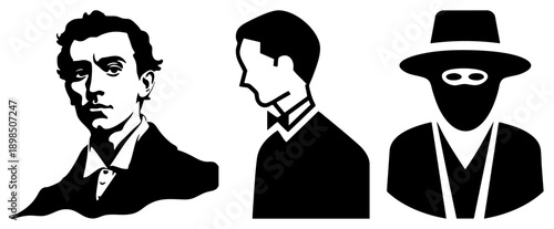 Vector portrait of men one frontal bust, one profile, one masked with hat, all in bold black and white, graphic design elements.