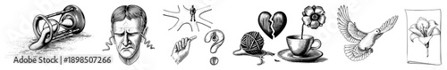 Symbolic illustrations time running out, stress, decision making, questioning, heartbreak, blooming hope, peace, artistic sketch. Vector for emotional concepts.