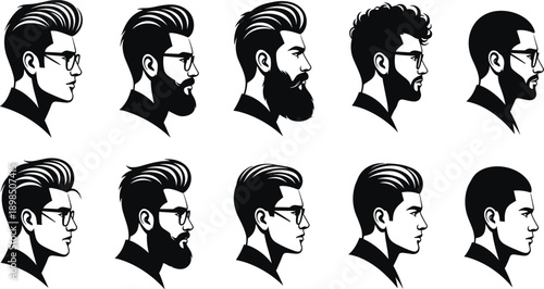 Set of Black and White Vector Illustrations Featuring Ten Men Profiles with Modern Haircuts Beards and Eyeglasses for Barbershop Designs