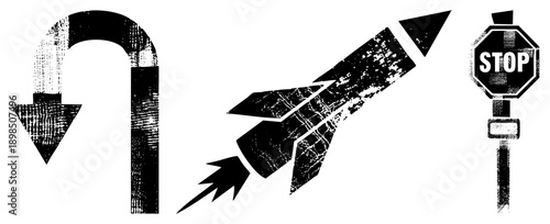 Distressed black and white vector U turn arrow, ship, stop sign. Retro, gritty, halftone texture. Urban, industrial, symbolic graphics.