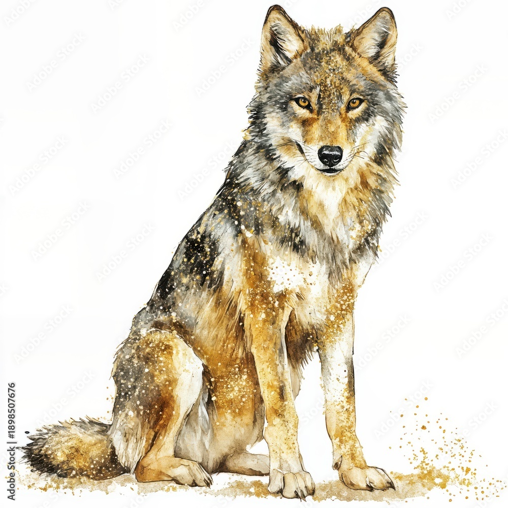 Fototapeta premium Drawing of a Wolf With Gold Dust Effects in a Simple Style Standing on a Plain Background Showing Features of the Animal Clearly