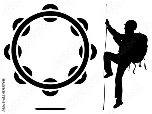 Rock climber scaling rope with backpack, tambourine drum with jingles, silhouette vector art, outdoor adventure, rhythmic ascent, musical, rhythmic ascent.