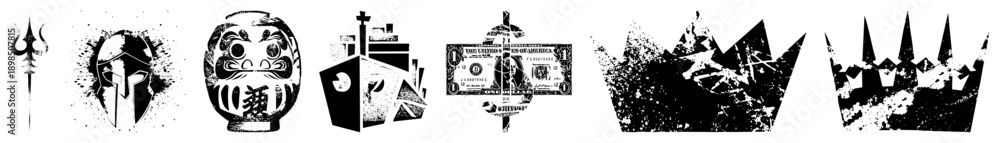 Obraz premium Trident, Spartan helmet, Daruma doll, abstract church, dollar bill, distressed crown, origami crown symbolic vector with gritty texture and stark contrast.