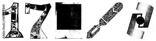 Retro halftone graphic of number 17, camera, stylized pen, and abstract geometric shape, vector art with distressed texture.