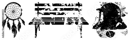 Dreamcatcher with feathers, rustic wooden bench with distressed texture, vintage bell with cracked glaze all in gritty vector style.