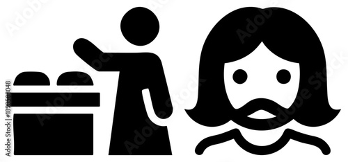 Simple vector showing a person gesturing, an oven appliance, and a bearded face, all in flat black silhouette style, ideal for UI or signage.