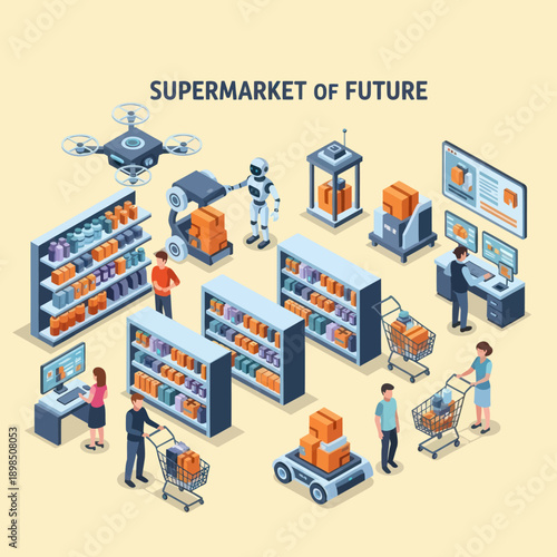 Futuristic Supermarket Scene with Robots and Technology.