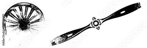 Antique wagon wheel and aircraft, isolated vector graphics, mechanical design elements, historical engineering motifs, black and white art.