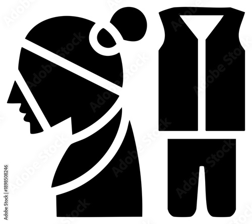 Black vector of diver in profile wearing mask and snorkel, paired with separate scuba suit and pants, minimalist design, isolated graphic, diving equipment symbol.