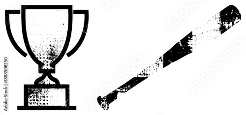 Sports victory trophy and baseball bat graphic, athletic achievement symbols, distressed black, vector set, game winner emblem.