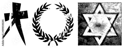 Distressed black symbols on white, lightning bolt, laurel wreath, Star of David, grunge texture, vector, symbolic emblems, cultural motifs.