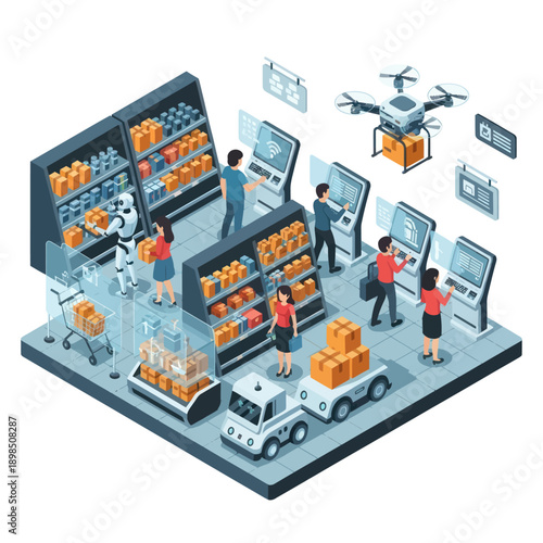 Logistics Warehouse with Workers and Drone.