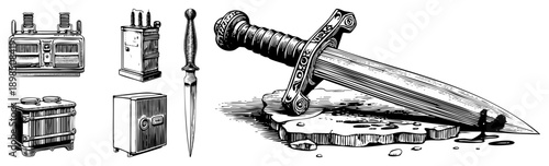 Antique electrical, vintage power boxes, dagger with ornate hilt, engraved blade, isolated on stone, technical illustration, historical tools.