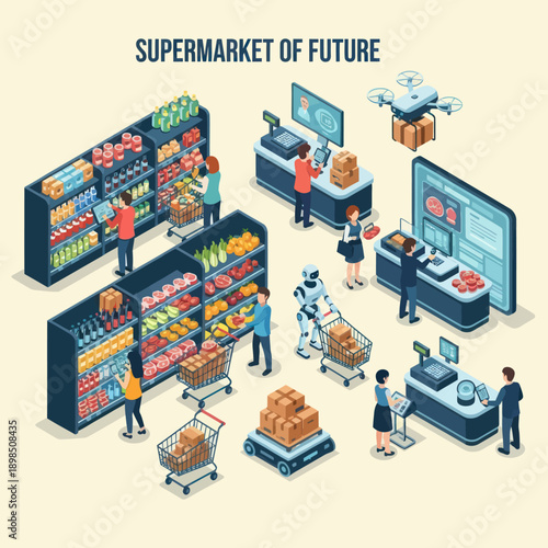 Futuristic Supermarket Scene with Robots and People.
