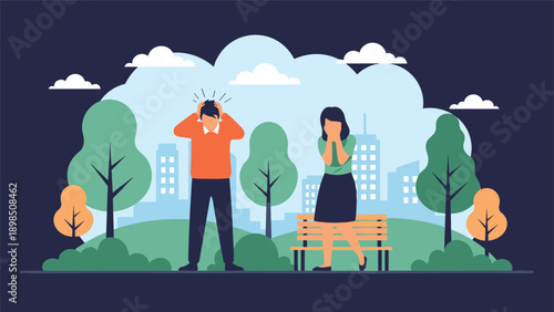 Man and woman looking stressed and anxious while standing in a city park with buildings in the background for mental health awareness.
