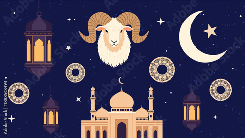 Islamic holiday Eid al-Adha theme with a ram head, mosque silhouette, lanterns, and crescent moon in a starry night sky with patterns.