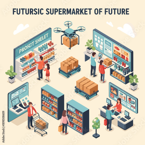 Futuristic Supermarket Scene with Drone Delivery.