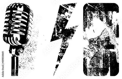 Classic microphone with grille, stylized lightning bolt, vintage speaker, halftone texture, retro graphic design, black and white vector art.