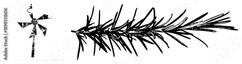 Hand drawn windmill and rosemary sprig, rustic botanical and mechanical elements, sketch style vector art, isolated foreground, natural and vintage aesthetic.