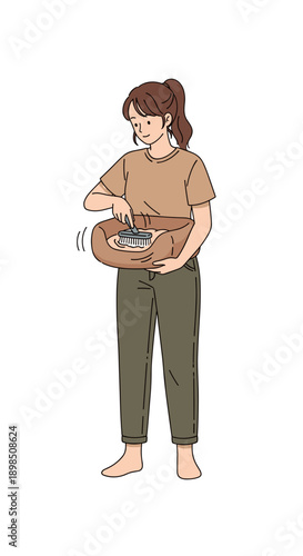 Woman cleaning pet bed at home, everyday pet care routine, vector illustration