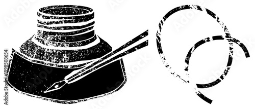 Classic writing instrument with nib and ink reservoir, stylized quill pen, retro calligraphy tool, graphic, artistic lettering element.