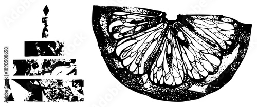 Birthday cake with single candle, halftone texture, citrus fruit slice, celebratory dessert, stylized illustration, design, festive food graphic.