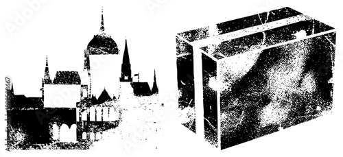Gothic with spires and, halftone textured 3D box, vector graphic, black and white, architectural, isolated foreground elements.