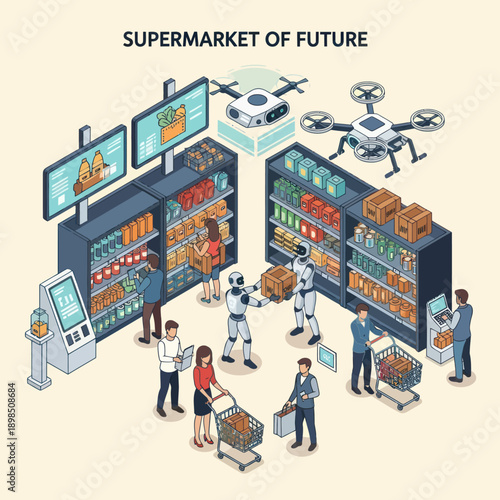 Futuristic Supermarket with Robots and Drones.