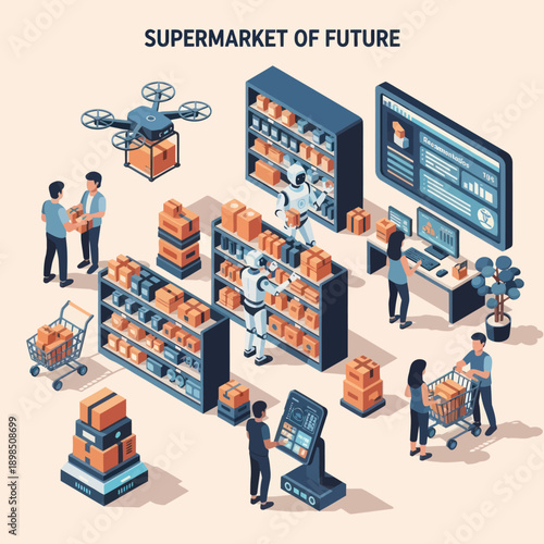 Futuristic Supermarket with Drone Delivery System.