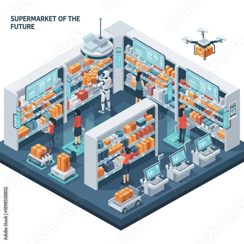 Futuristic Warehouse with Robots and Drone Delivery.