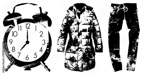Retro alarm clock with bells, textured winter coat with toggle buttons, distressed jeans with drawstring, all in gritty black and white vector style.