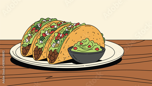 Three delicious Mexican tacos filled with meat and fresh vegetables are served with guacamole on a white ceramic plate.