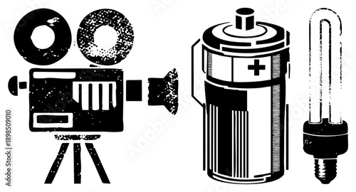 Retro film camera with, cylindrical battery with plus sign, compact fluorescent bulb, vector, graphic design elements.