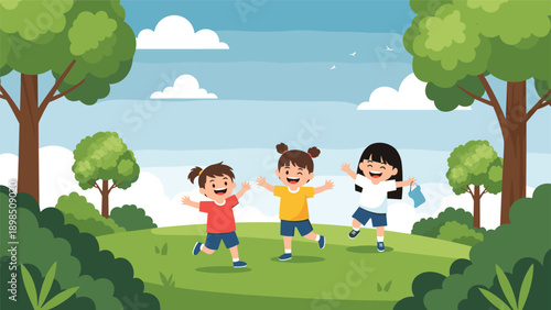 Three young girls wearing colorful t-shirts run and play happily in a lush green meadow on a bright sunny summer day.