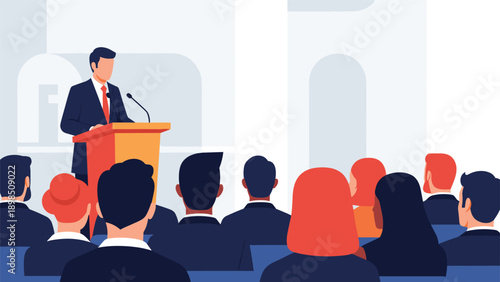 Confident public speaker stands at a wooden podium giving a presentation to a large audience in a professional hall.